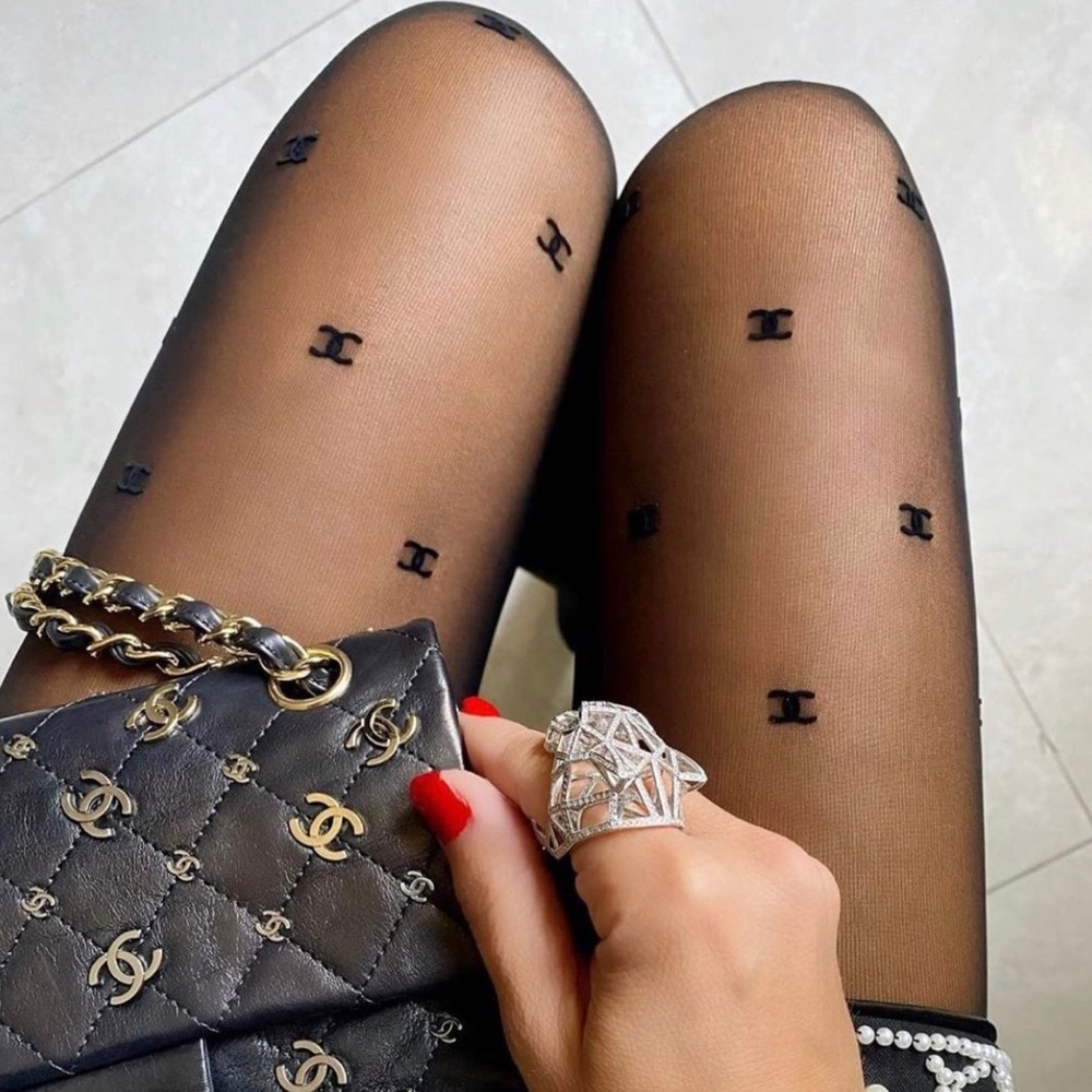 ♥️SOLD♥️ CHANEL hosiery tights stockings in black with CC logo size Large NWT